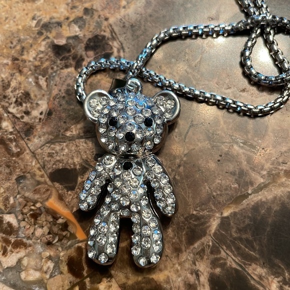 Betsy Johnson Bear Rhinestone Silver Necklace - Picture 6 of 16